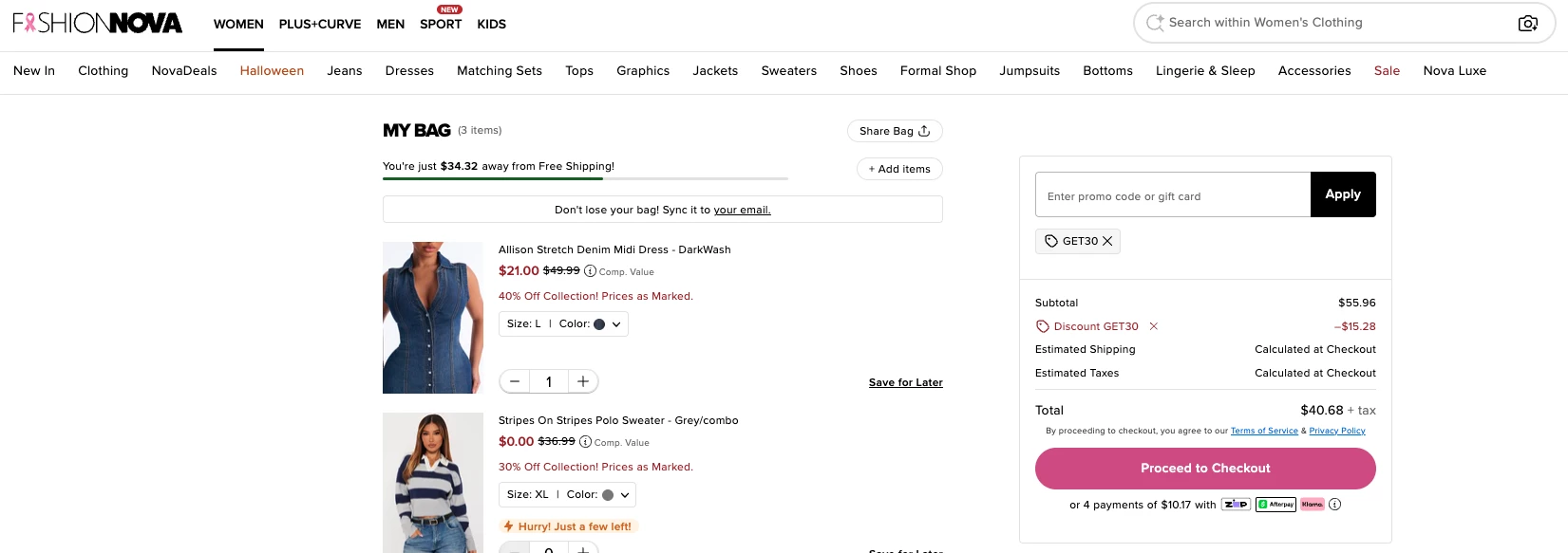 Fashion Nova checkout screen with successfully applies 30% off code on 10/23/2026